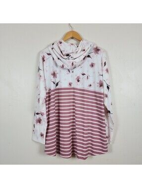 NWT LuLaRoe Amber Pink Hooded Tunic Top Floral Striped Cottage Cozycore Fall